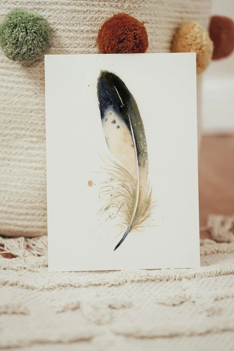 Image of a feather watercolor painting by Shayna Larsen, originals & prints available