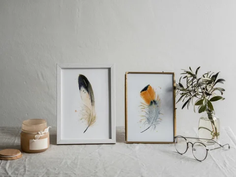 Image of a feather watercolor painting by Shayna Larsen, originals & prints available