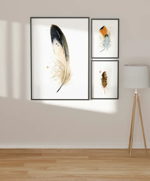 Image of a feather watercolor painting by Shayna Larsen, originals & prints available