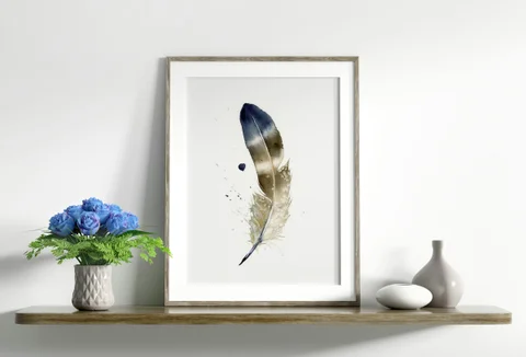 Image of a feather watercolor painting by Shayna Larsen, originals & prints available