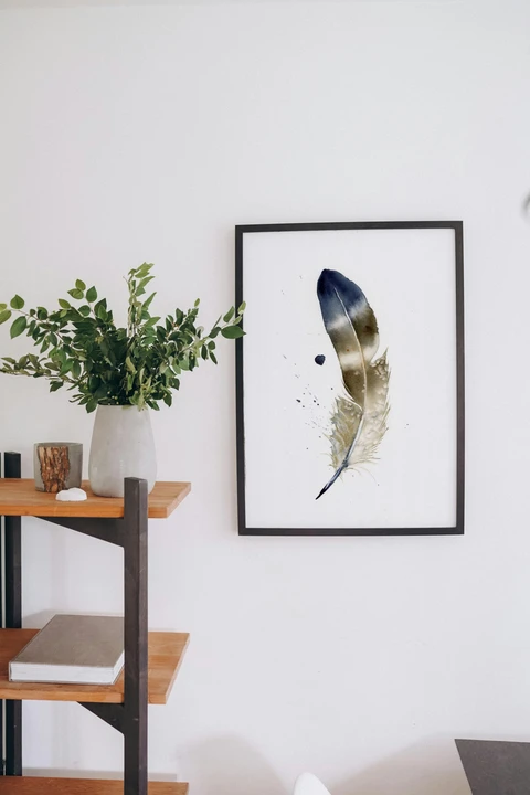 Image of a feather watercolor painting by Shayna Larsen, originals & prints available