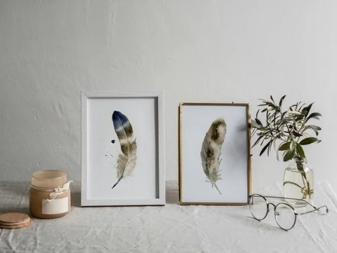 Image of a feather watercolor painting by Shayna Larsen, originals & prints available