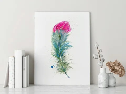 Image of a feather watercolor painting by Shayna Larsen, originals & prints available