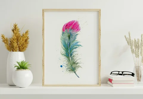 Image of a feather watercolor painting by Shayna Larsen, originals & prints available