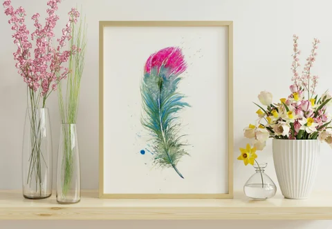 Image of a feather watercolor painting by Shayna Larsen, originals & prints available