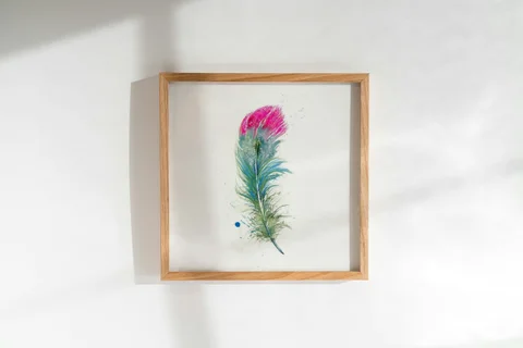 Image of a feather watercolor painting by Shayna Larsen, originals & prints available