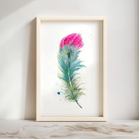 Image of a feather watercolor painting by Shayna Larsen, originals & prints available