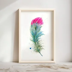 Image of a feather watercolor painting by Shayna Larsen, originals & prints available