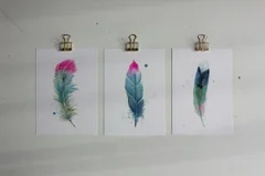 Image of a feather watercolor painting by Shayna Larsen, originals & prints available