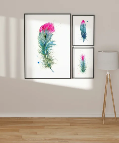 Image of a feather watercolor painting by Shayna Larsen, originals & prints available