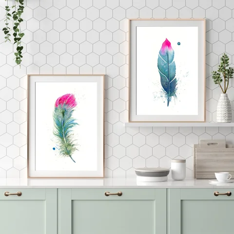 Image of a feather watercolor painting by Shayna Larsen, originals & prints available