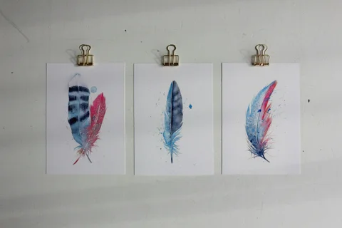 Image of a feather watercolor painting by Shayna Larsen, originals & prints available