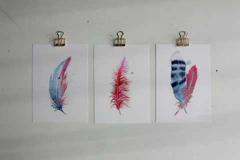 Image of a feather watercolor painting by Shayna Larsen, originals & prints available