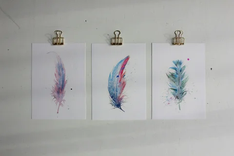 Image of a feather watercolor painting by Shayna Larsen, originals & prints available