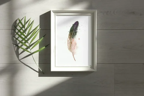 Image of a feather watercolor painting by Shayna Larsen, originals & prints available