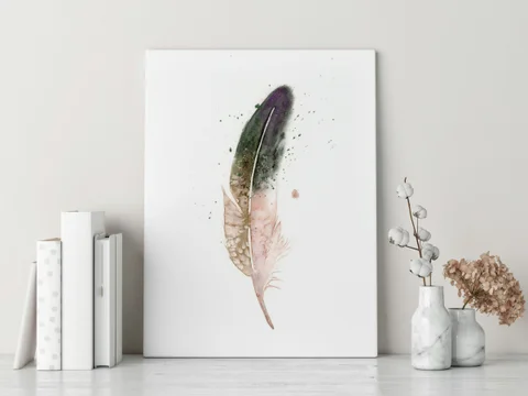 Image of a feather watercolor painting by Shayna Larsen, originals & prints available