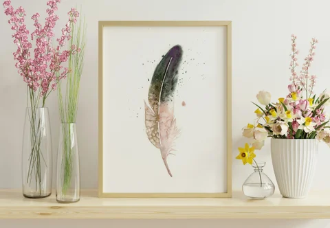 Image of a feather watercolor painting by Shayna Larsen, originals & prints available