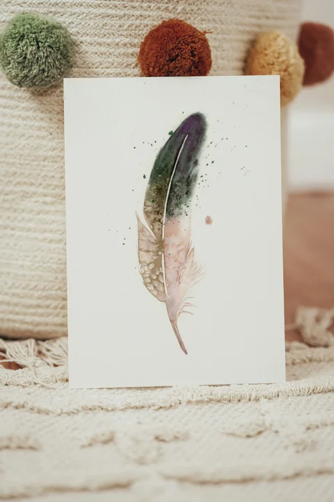 Image of a feather watercolor painting by Shayna Larsen, originals & prints available