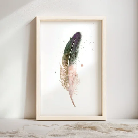 Image of a feather watercolor painting by Shayna Larsen, originals & prints available