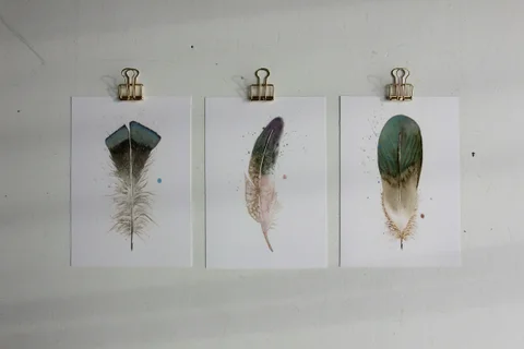 Image of a feather watercolor painting by Shayna Larsen, originals & prints available