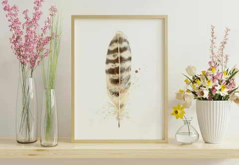 Image of a feather watercolor painting by Shayna Larsen, originals & prints available