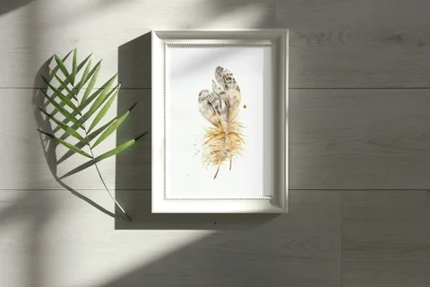 Image of a feather watercolor painting by Shayna Larsen, originals & prints available