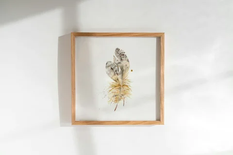 Image of a feather watercolor painting by Shayna Larsen, originals & prints available
