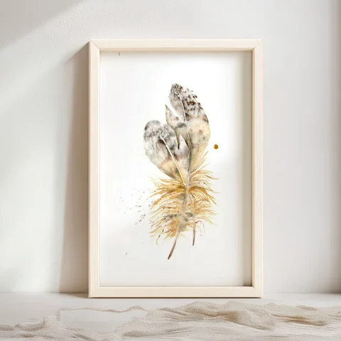 Image of a feather watercolor painting by Shayna Larsen, originals & prints available
