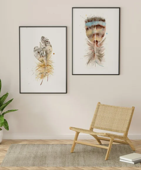 Image of a feather watercolor painting by Shayna Larsen, originals & prints available