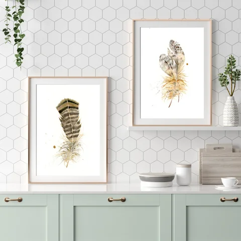 Image of a feather watercolor painting by Shayna Larsen, originals & prints available