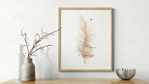 Image of a feather watercolor painting by Shayna Larsen, originals & prints available