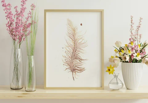 Image of a feather watercolor painting by Shayna Larsen, originals & prints available