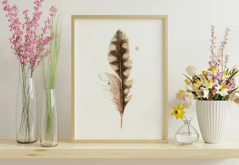 Image of a feather watercolor painting by Shayna Larsen, originals & prints available