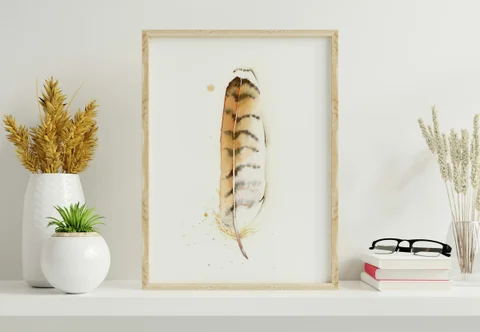 Image of a feather watercolor painting by Shayna Larsen, originals & prints available
