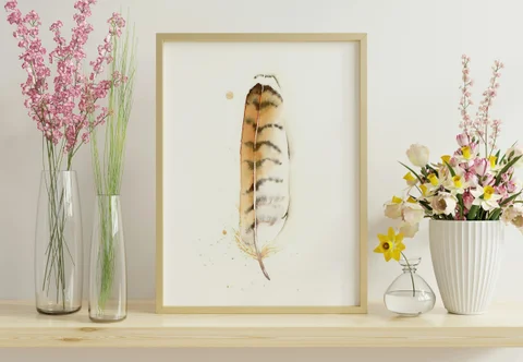 Image of a feather watercolor painting by Shayna Larsen, originals & prints available