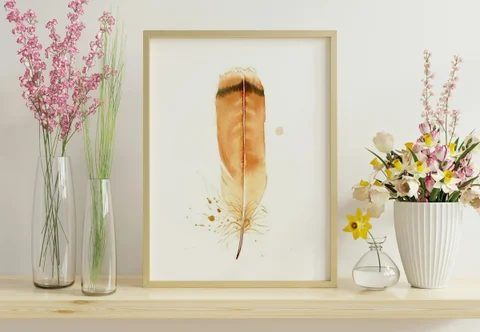 Image of a feather watercolor painting by Shayna Larsen, originals & prints available