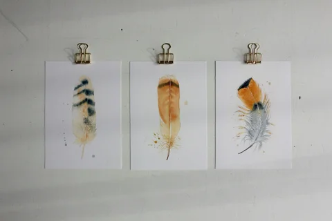 Image of a feather watercolor painting by Shayna Larsen, originals & prints available