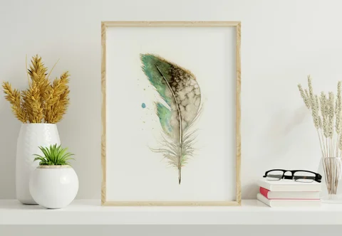 Image of a feather watercolor painting by Shayna Larsen, originals & prints available