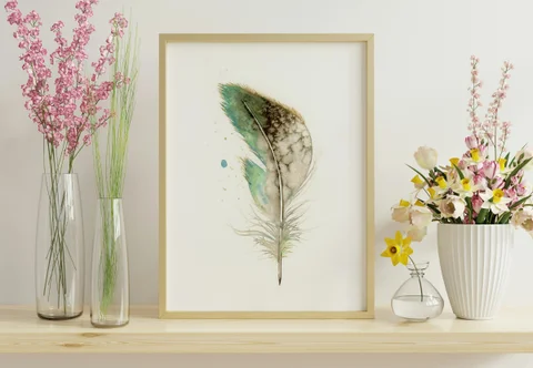 Image of a feather watercolor painting by Shayna Larsen, originals & prints available