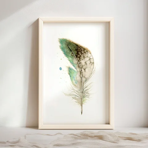 Image of a feather watercolor painting by Shayna Larsen, originals & prints available