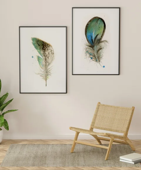 Image of a feather watercolor painting by Shayna Larsen, originals & prints available