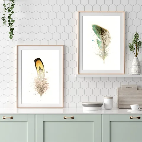 Image of a feather watercolor painting by Shayna Larsen, originals & prints available