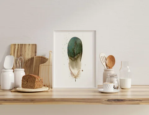 Image of a feather watercolor painting by Shayna Larsen, originals & prints available