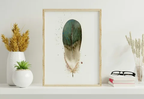 Image of a feather watercolor painting by Shayna Larsen, originals & prints available