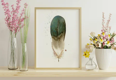 Image of a feather watercolor painting by Shayna Larsen, originals & prints available