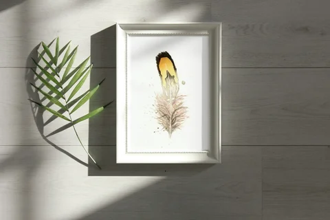 Image of a feather watercolor painting by Shayna Larsen, originals & prints available