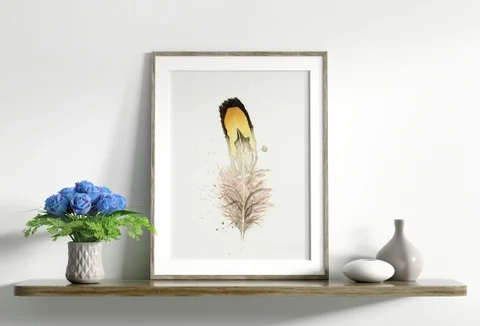 Image of a feather watercolor painting by Shayna Larsen, originals & prints available
