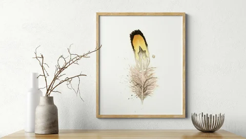 Image of a feather watercolor painting by Shayna Larsen, originals & prints available