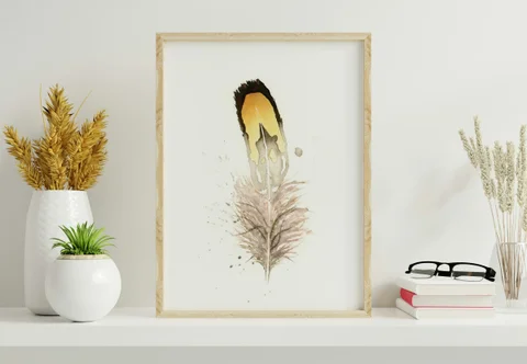 Image of a feather watercolor painting by Shayna Larsen, originals & prints available