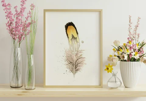 Image of a feather watercolor painting by Shayna Larsen, originals & prints available